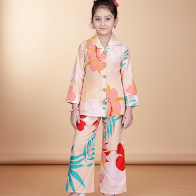 Girls' Peach Floral Co-ord Set - Chic Button-Up Shirt & Wide-Leg Pants