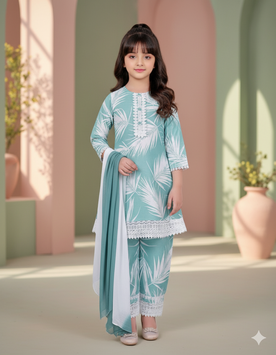 Mint Grace Girls’ Printed Kurta Set with Dupatta