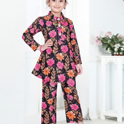 Floral Elegance Girls’ Coat-Pant Set