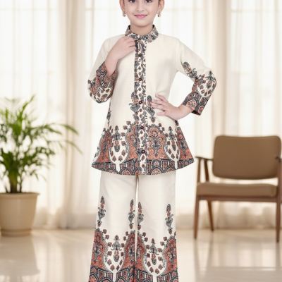 Royal Heritage Girls Ethnic Co-Ord Set – Cream & Rust Paisley Print