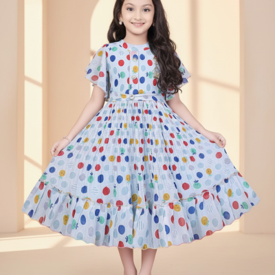 Blue Polka Dream Pleated Party Dress