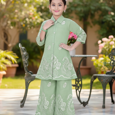 Elegant Mint Green Embroidered Plazo-Set for Girls