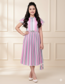 Pastel Charm Striped Pleated Midi Dress for Girls