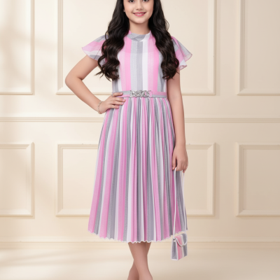 Pastel Charm Striped Pleated Midi Dress for Girls