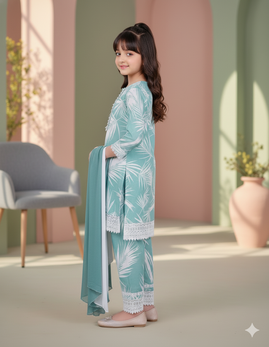 Mint Grace Girls’ Printed Kurta Set with Dupatta - Image 2