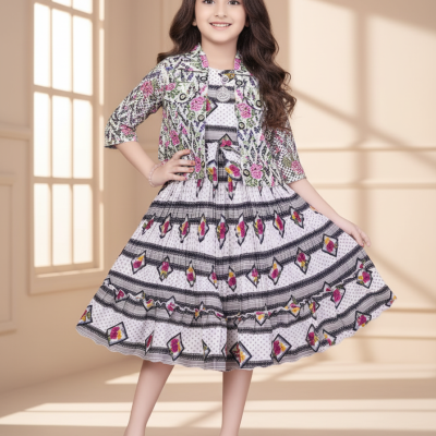 Floral Elegance Girls’ Printed Frock Set