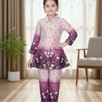 Royal Plum Floral Printed Girls Co-Ord Set